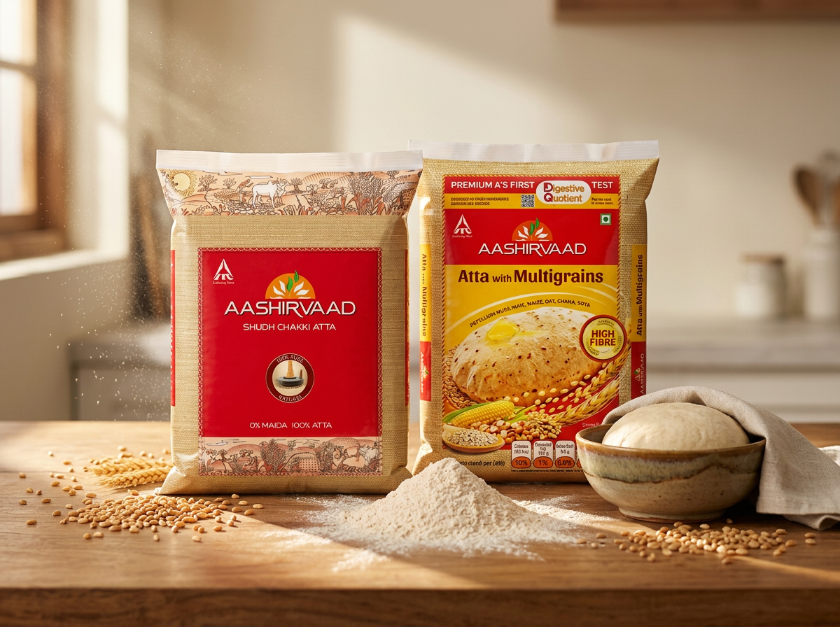Aashirvaad Shudh Chakki Atta pack on a wooden counter with wheat grains and chakki flour