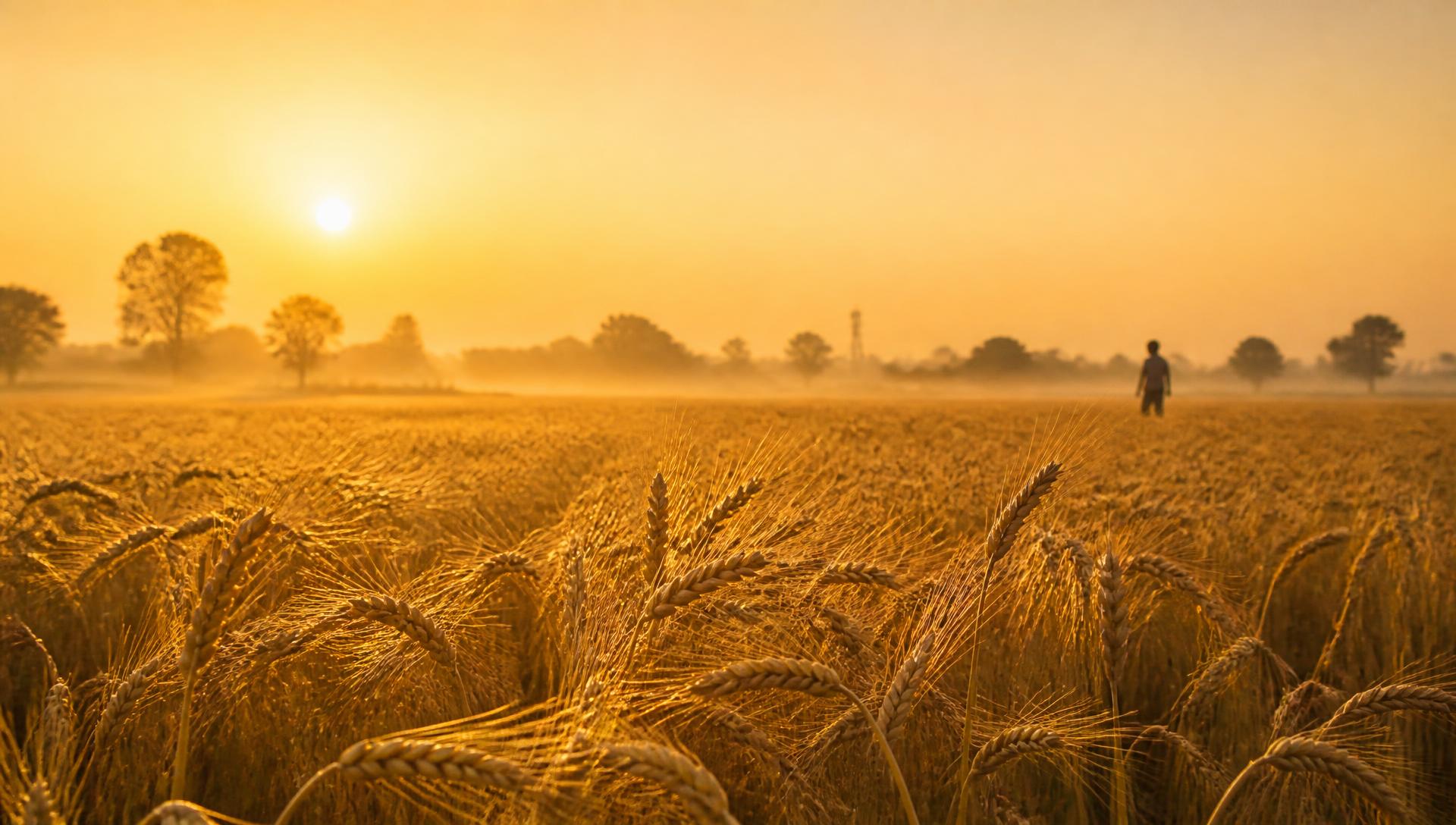 Golden wheat field at sunrise with a farmer walking in the distance