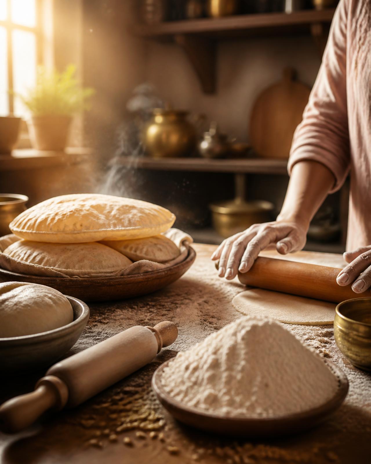 Hands rolling dough on a wooden counter beside fresh puffed rotis, chakki flour and warm morning light in an Indian kitchen