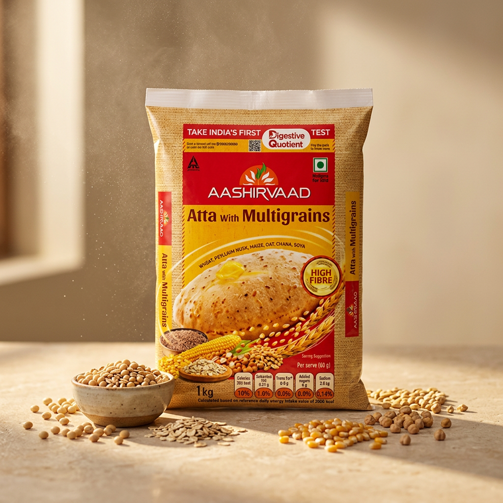Featured Aashirvaad Atta with Multigrains pack styled with multigrain seeds