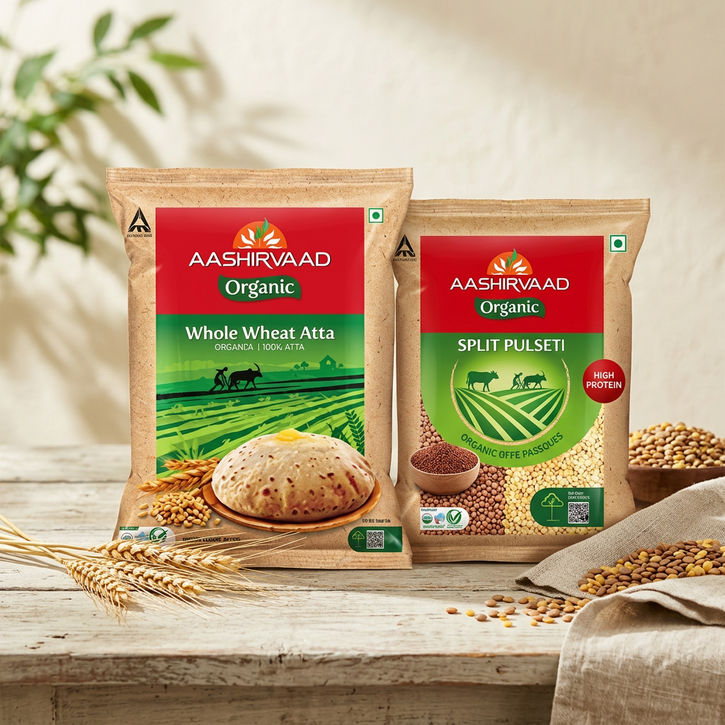 Aashirvaad Organic whole wheat atta and split pulses packs on a rustic wooden table