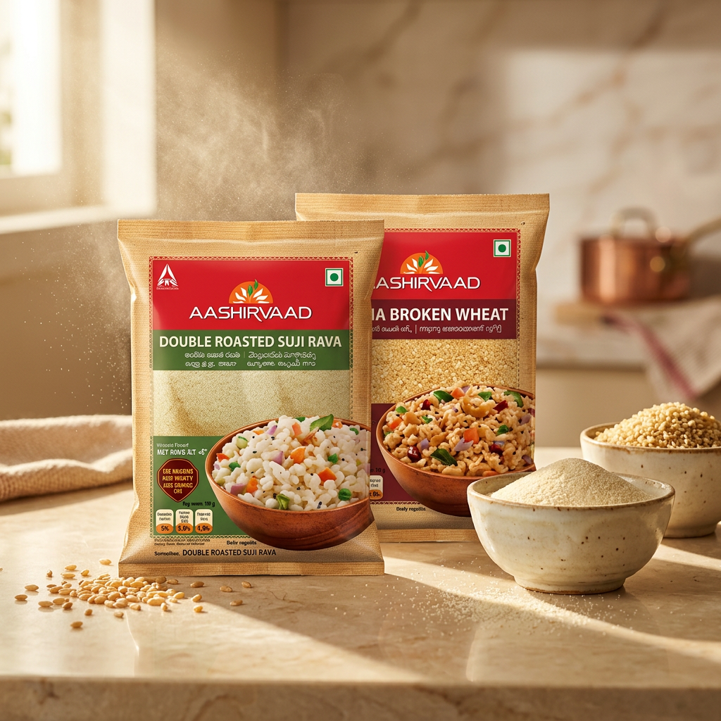 Aashirvaad Double Roasted Suji Rava and Broken Wheat packs with bowls of rava and dalia