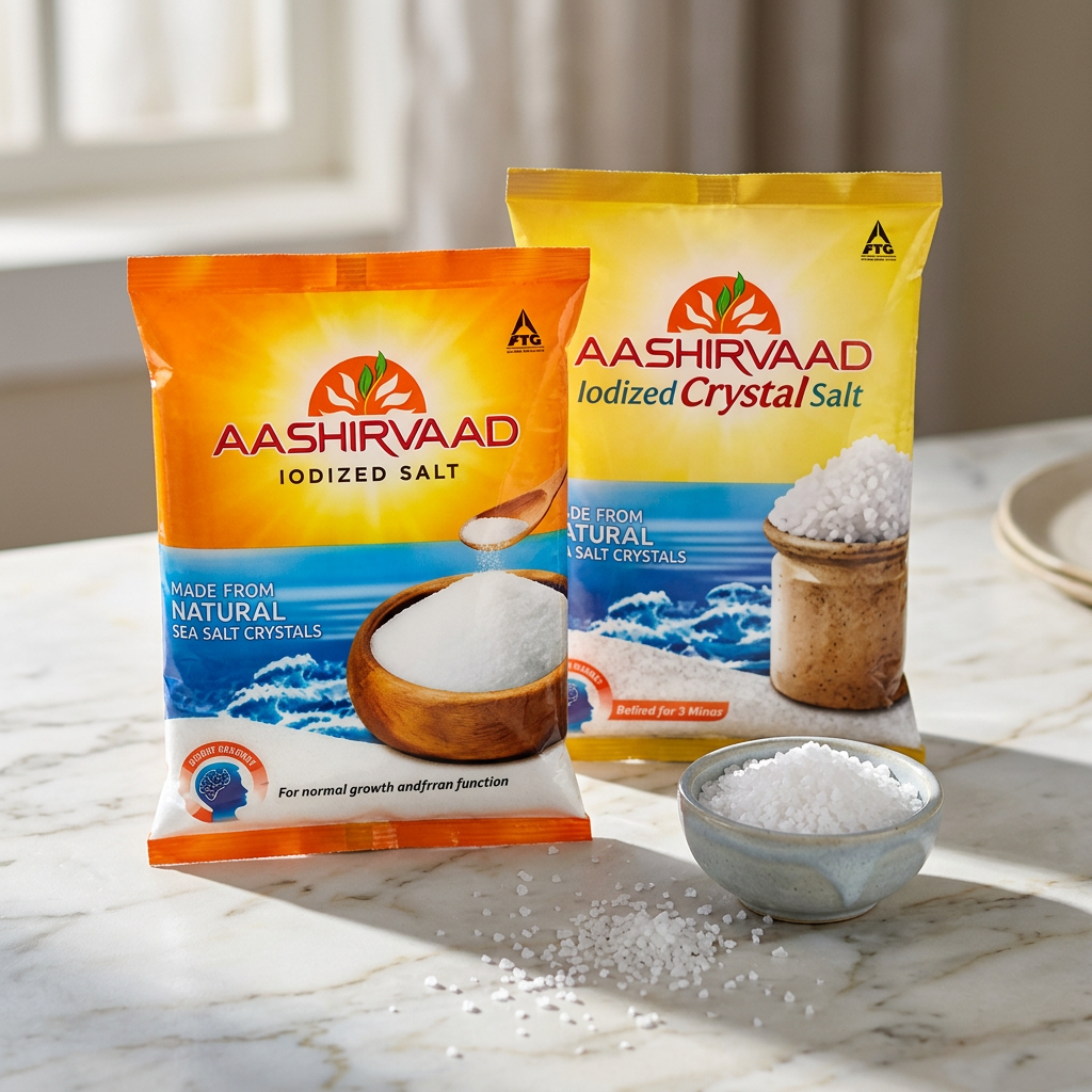 Aashirvaad Iodized Salt and Crystal Salt packs on marble with a bowl of salt crystals