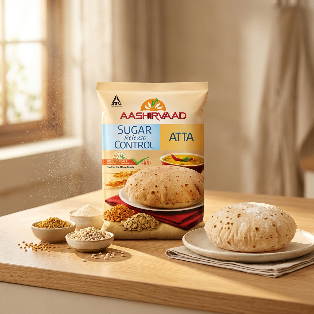 Aashirvaad Sugar Release Control Atta pack with fenugreek, barley and a fresh roti