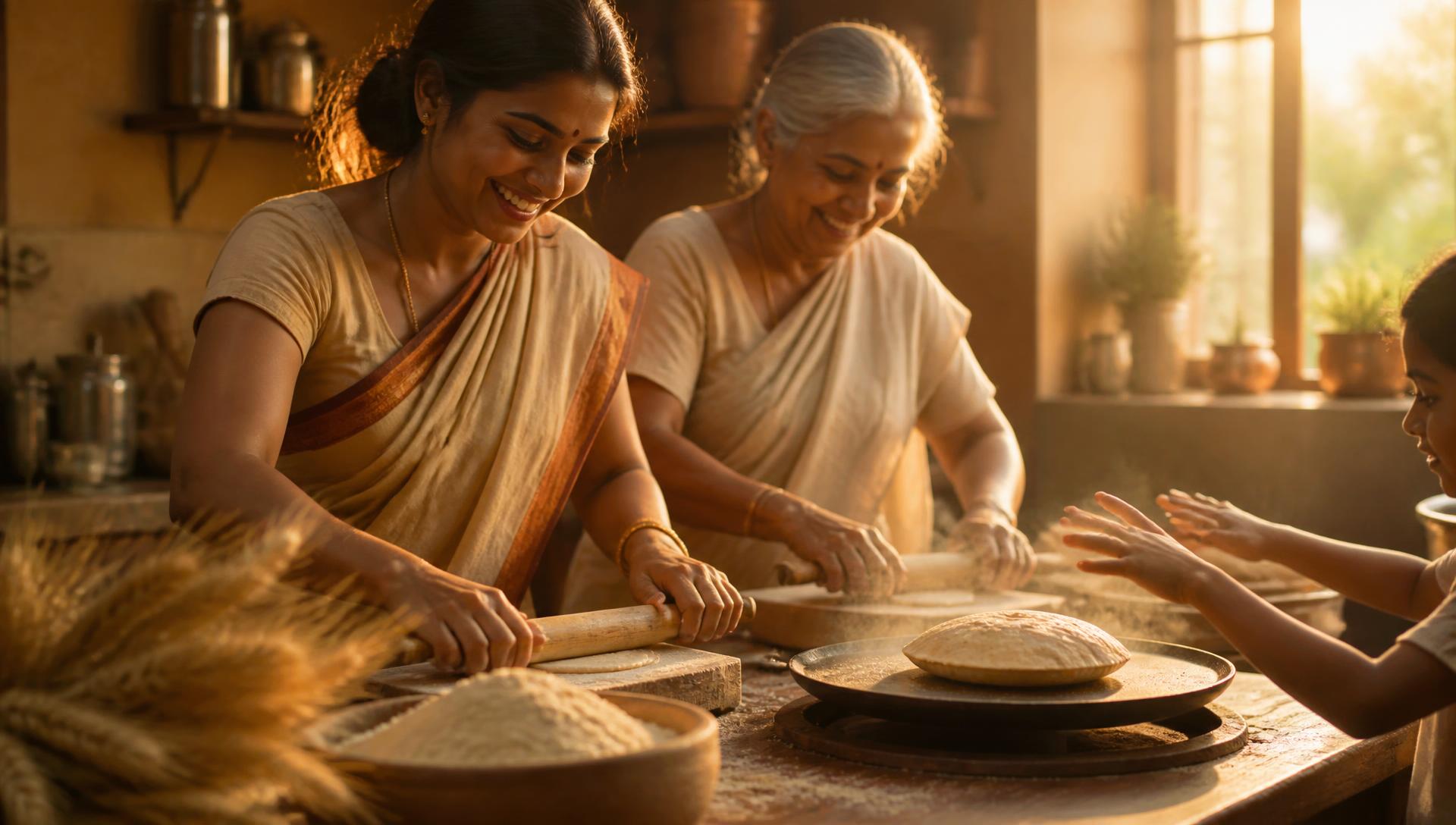 A mother and grandmother rolling fresh rotis together in a golden-hour Indian kitchen while a child reaches for the dough