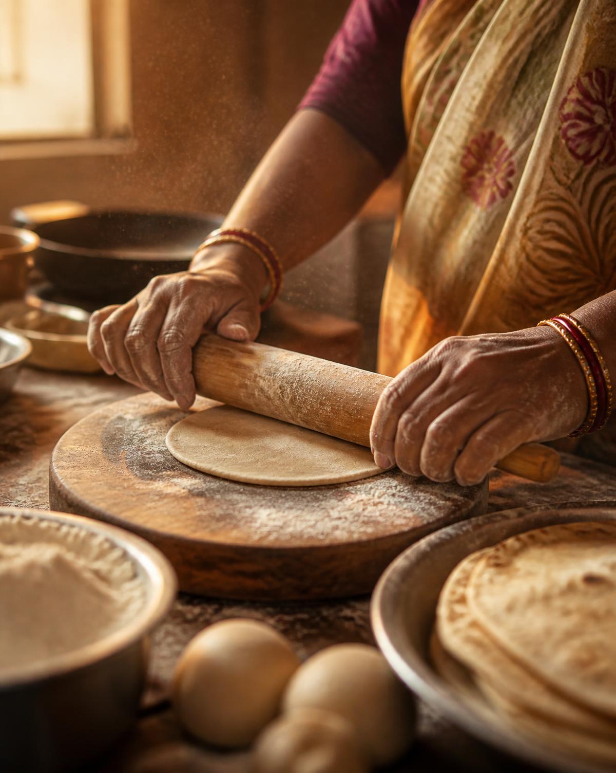 Hands rolling fresh roti dough in a warm morning kitchen