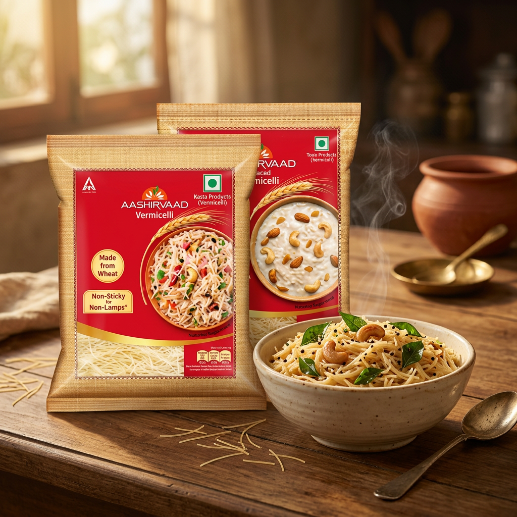 Aashirvaad Vermicelli packs beside a ceramic bowl of vermicelli upma